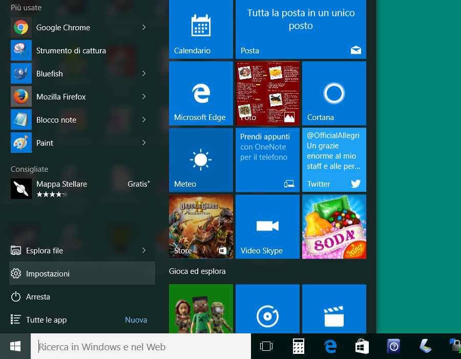 Aprire le impostazioni di Windows 10