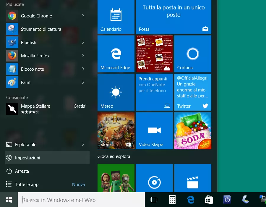 Aprire le impostazioni di Windows 10